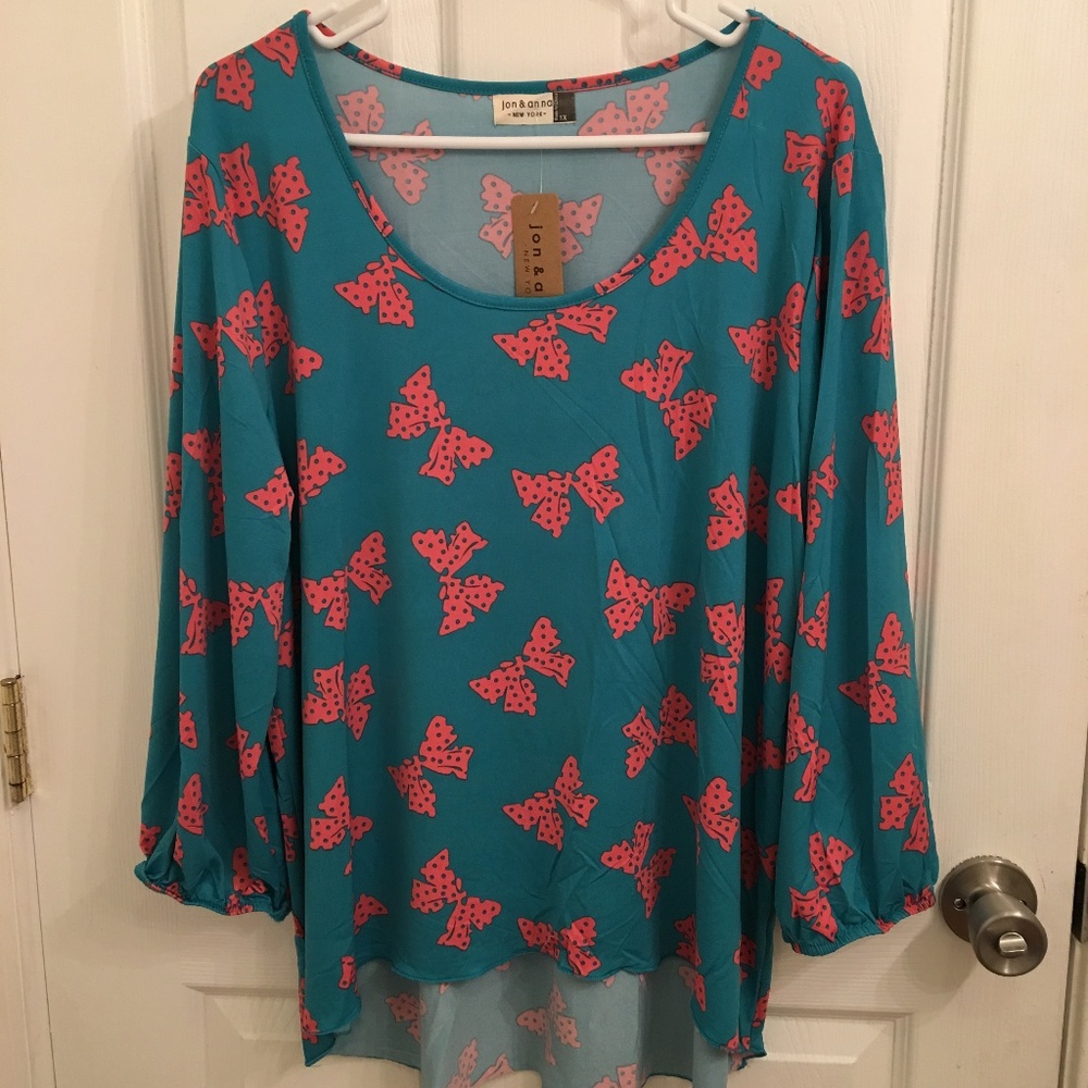 Jon & Anna Teal & Light Pink Bow Hi lo 3/4 Sleeve